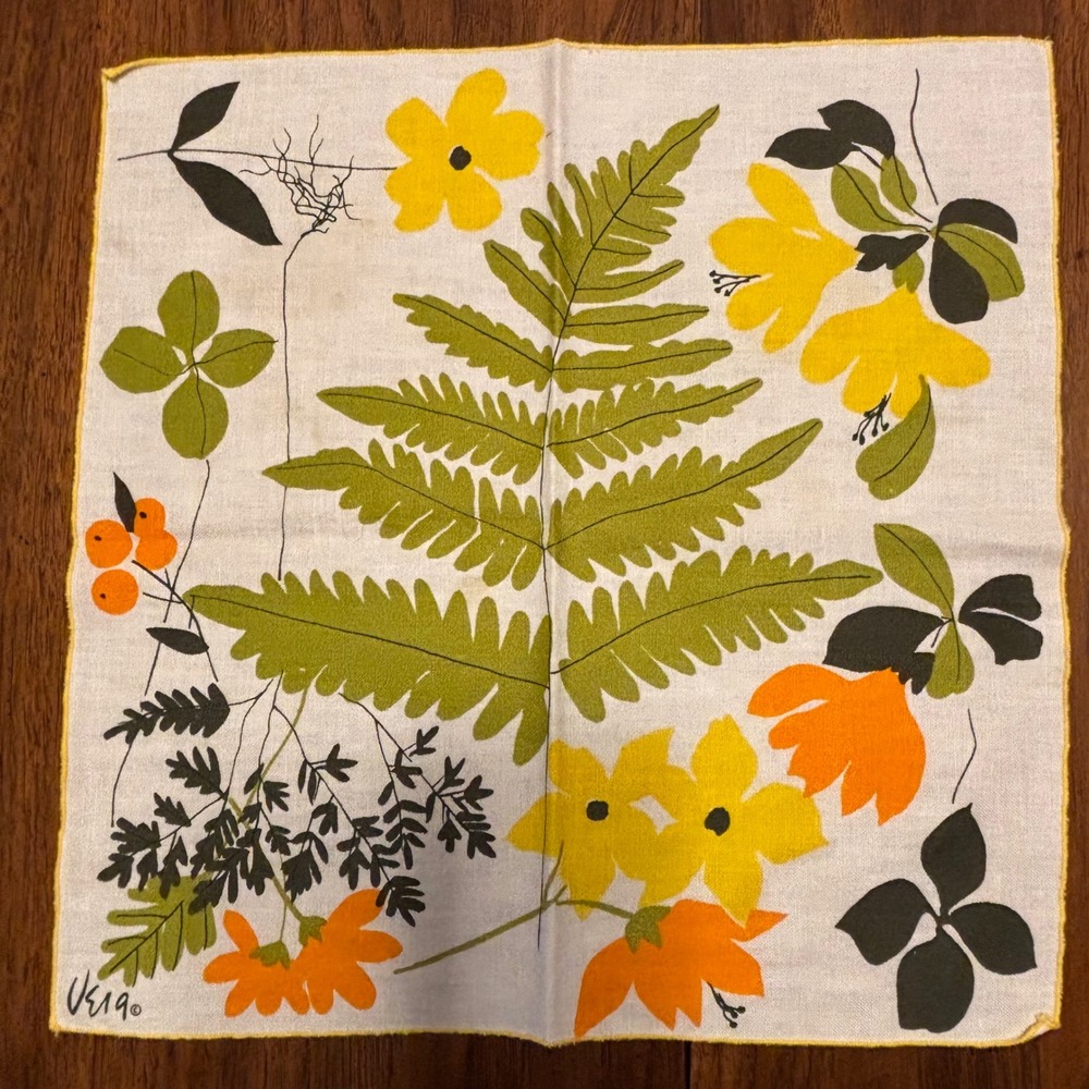 Vintage Green Yellow Vera Neumann Botanical Fern Floral Linen Napkin